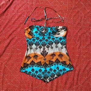 JNJ Vintage 200s does 70s Halter Top Blue Orange Handkerchief Hem M